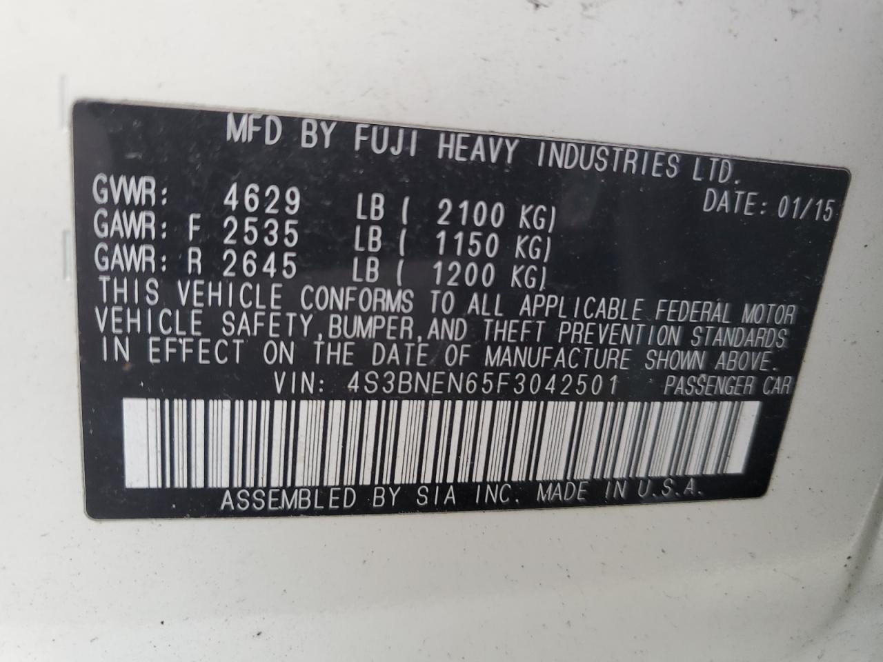 2015 Subaru Legacy VIN 4S3BNEN65F3042501 Copart auction photo, front end / mechanical damage thumbnail 14