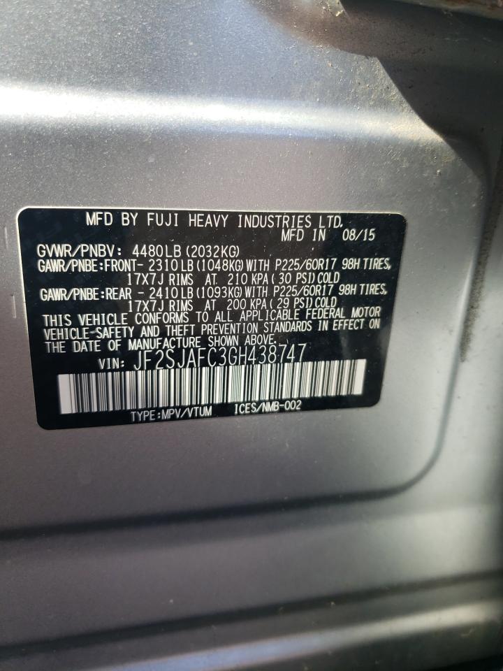 2016 Subaru Forester VIN JF2SJAFC3GH438747 Copart auction photo, front end damage thumbnail 12