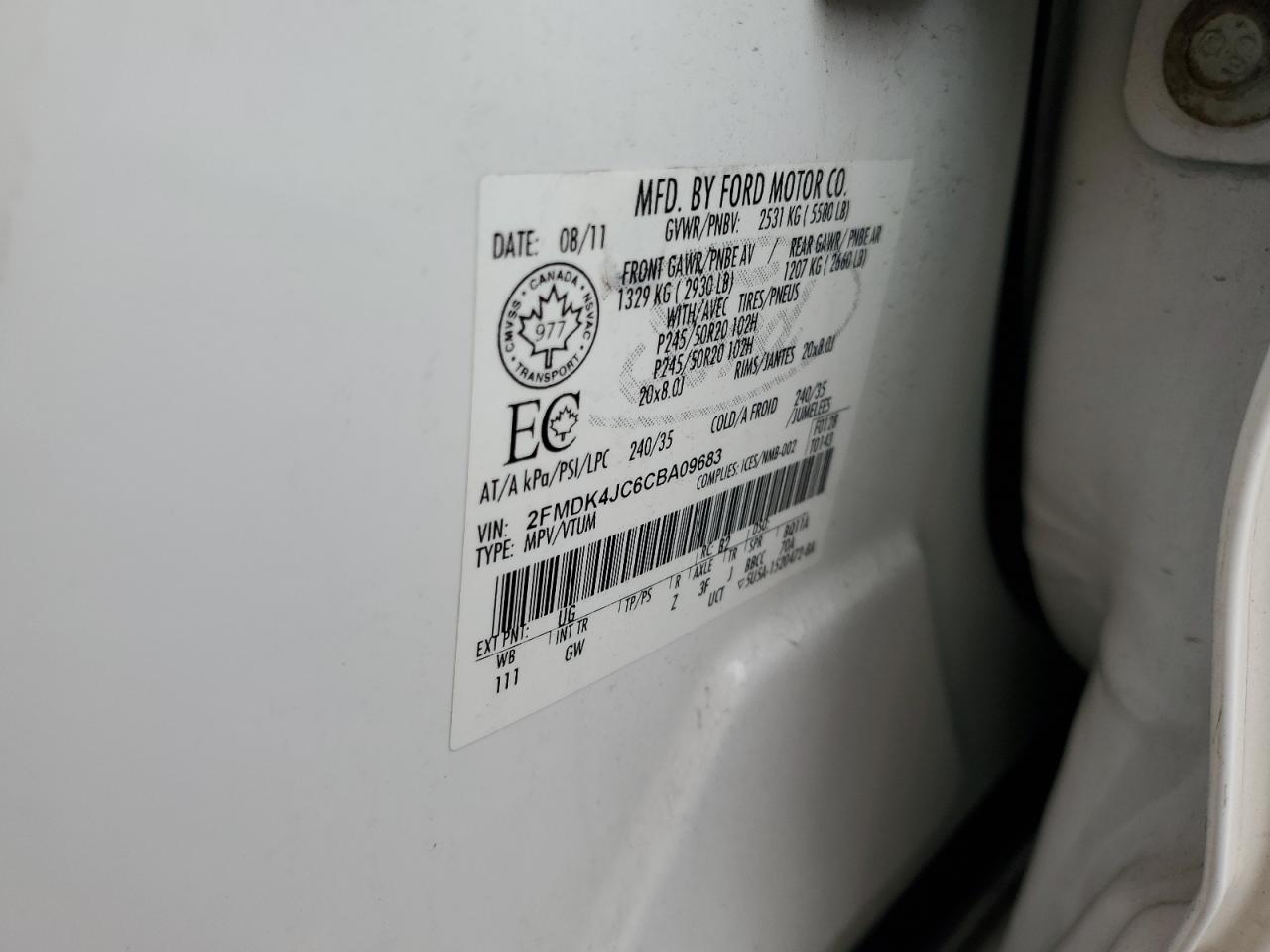 2012 Ford Edge VIN 2FMDK4JC6CBA09683 Copart auction photo, front end / mechanical damage thumbnail 15