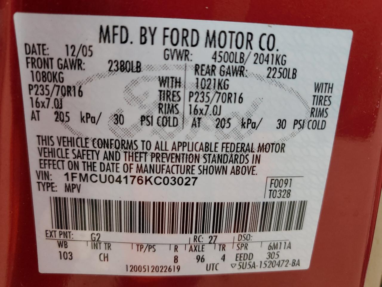 2006 Ford Escape VIN 1FMCU04176KC03027 Copart auction photo, all over / rollover damage thumbnail 14