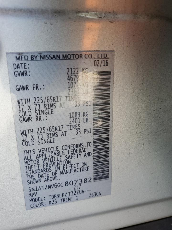 2016 Nissan Rogue VIN 5N1AT2MV6GC807382 Copart auction photo, front end damage thumbnail 15