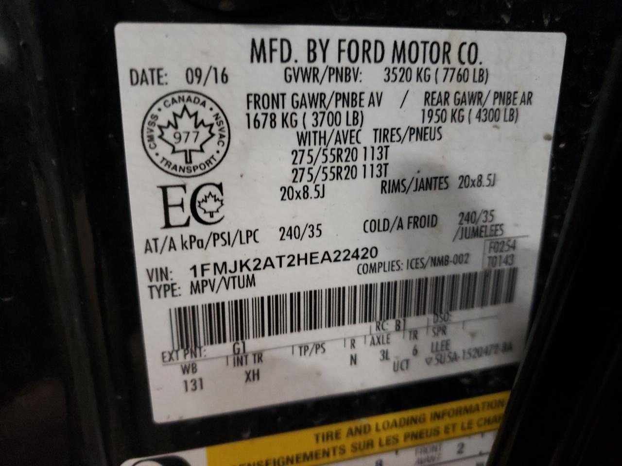 2017 Ford Expedition VIN 1FMJK2AT2HEA22420 Copart auction photo, all over damage thumbnail 13