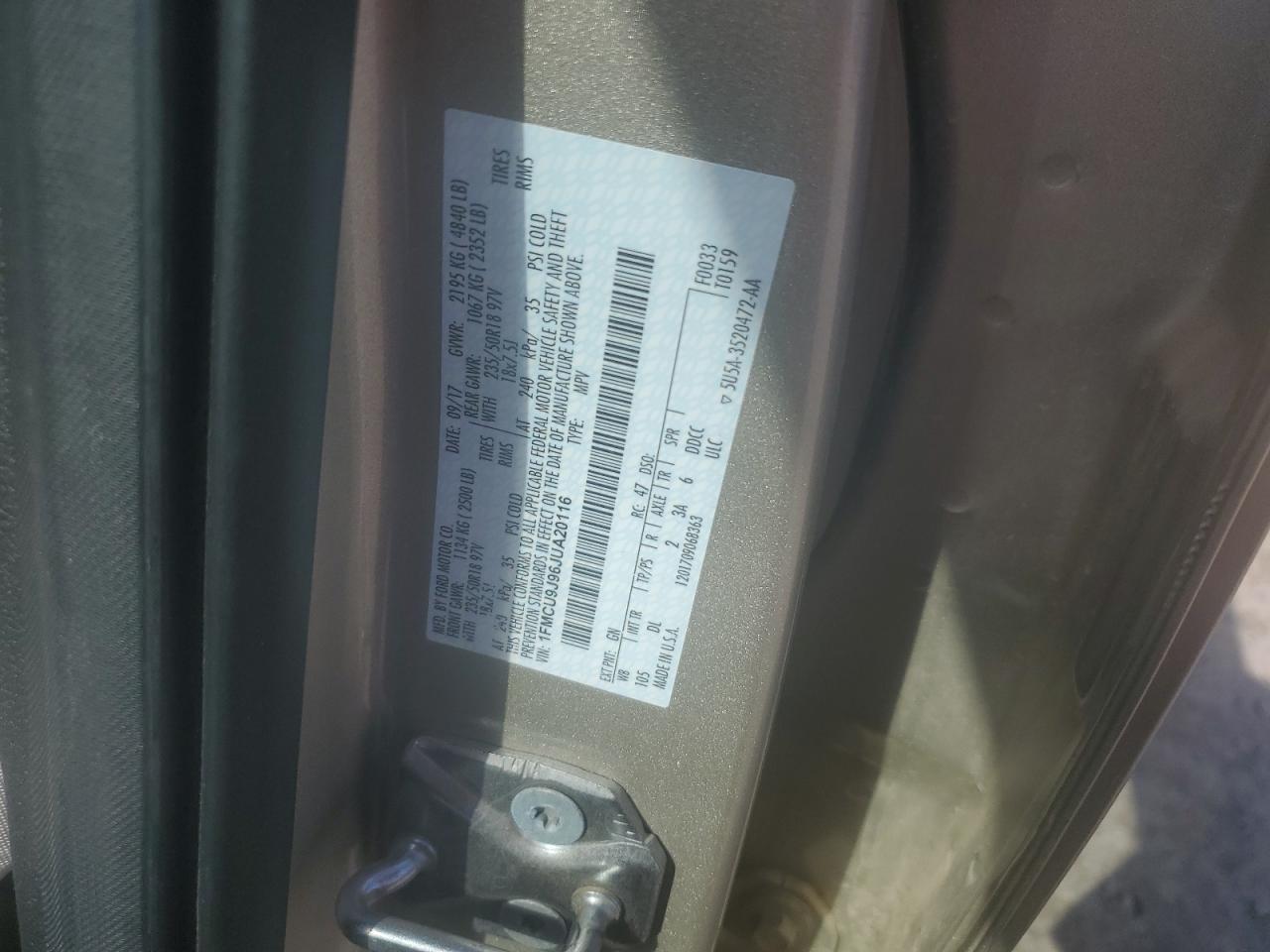 2018 Ford Escape VIN 1FMCU9J96JUA20116 Copart auction photo, front end / minor dent/scratches damage thumbnail 13