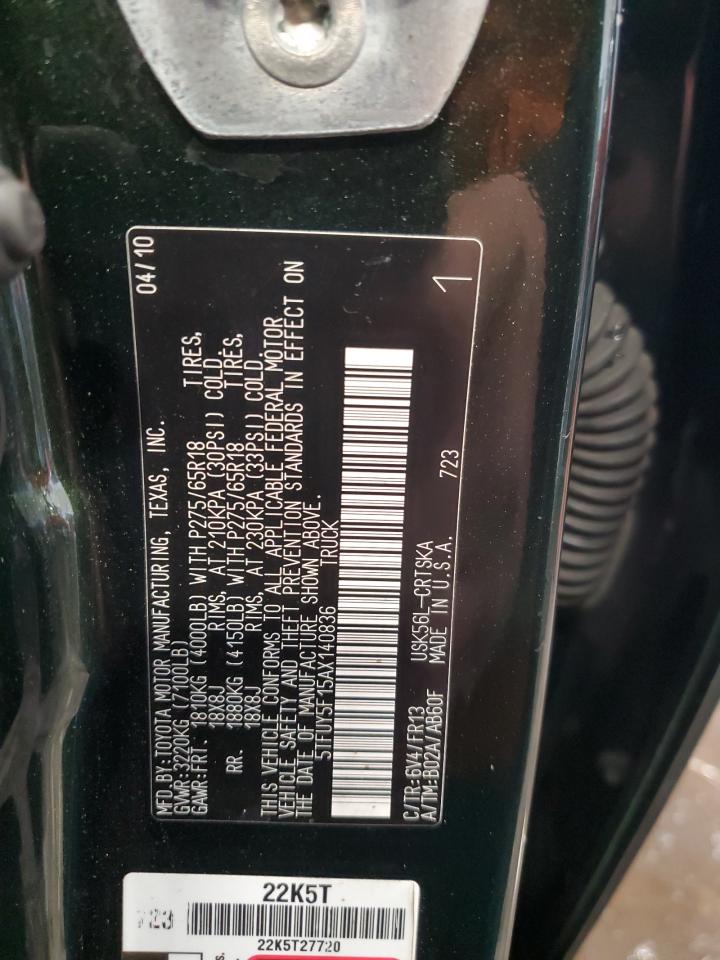2010 Toyota Tundra VIN 5TFUY5F15AX140836 Copart auction photo, rear end damage thumbnail 12