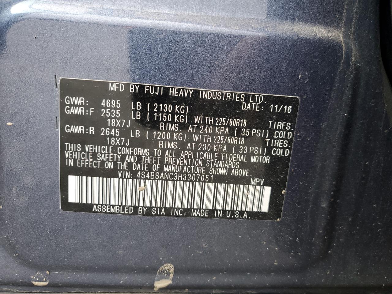 2017 Subaru Outback VIN 4S4BSANC3H3307051 Copart auction photo, rear end damage thumbnail 15