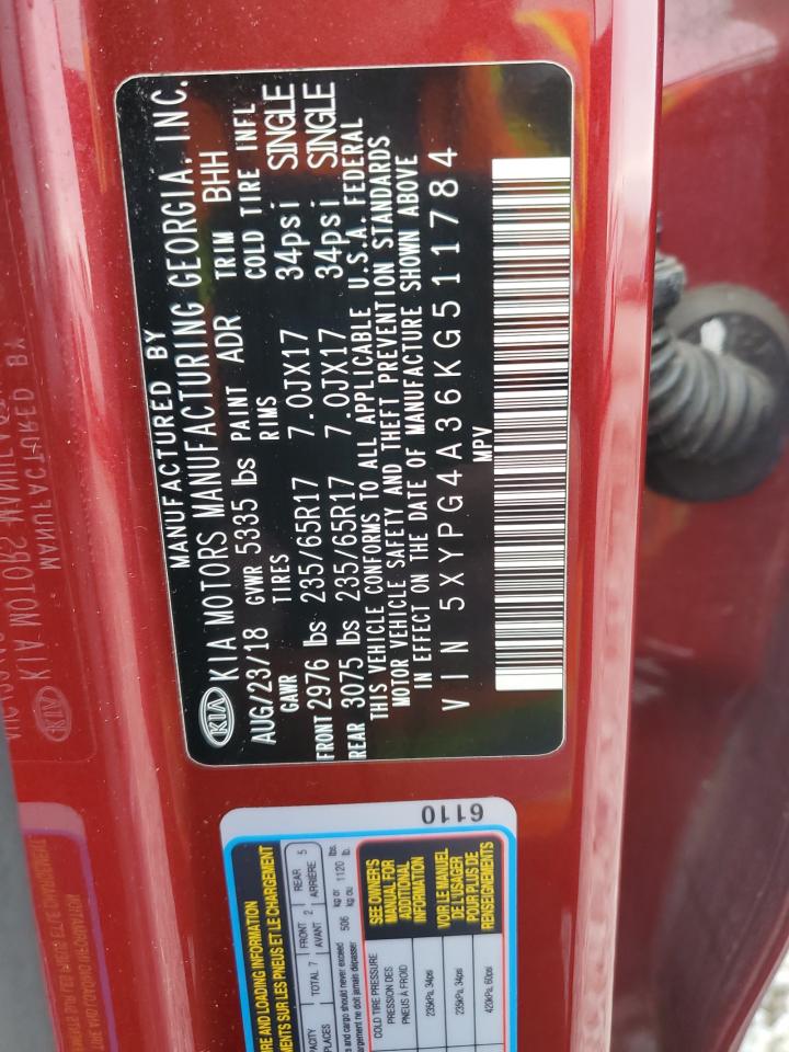 2019 KIA Sorento VIN 5XYPG4A36KG511784 Copart auction photo, front end / rear end damage thumbnail 14