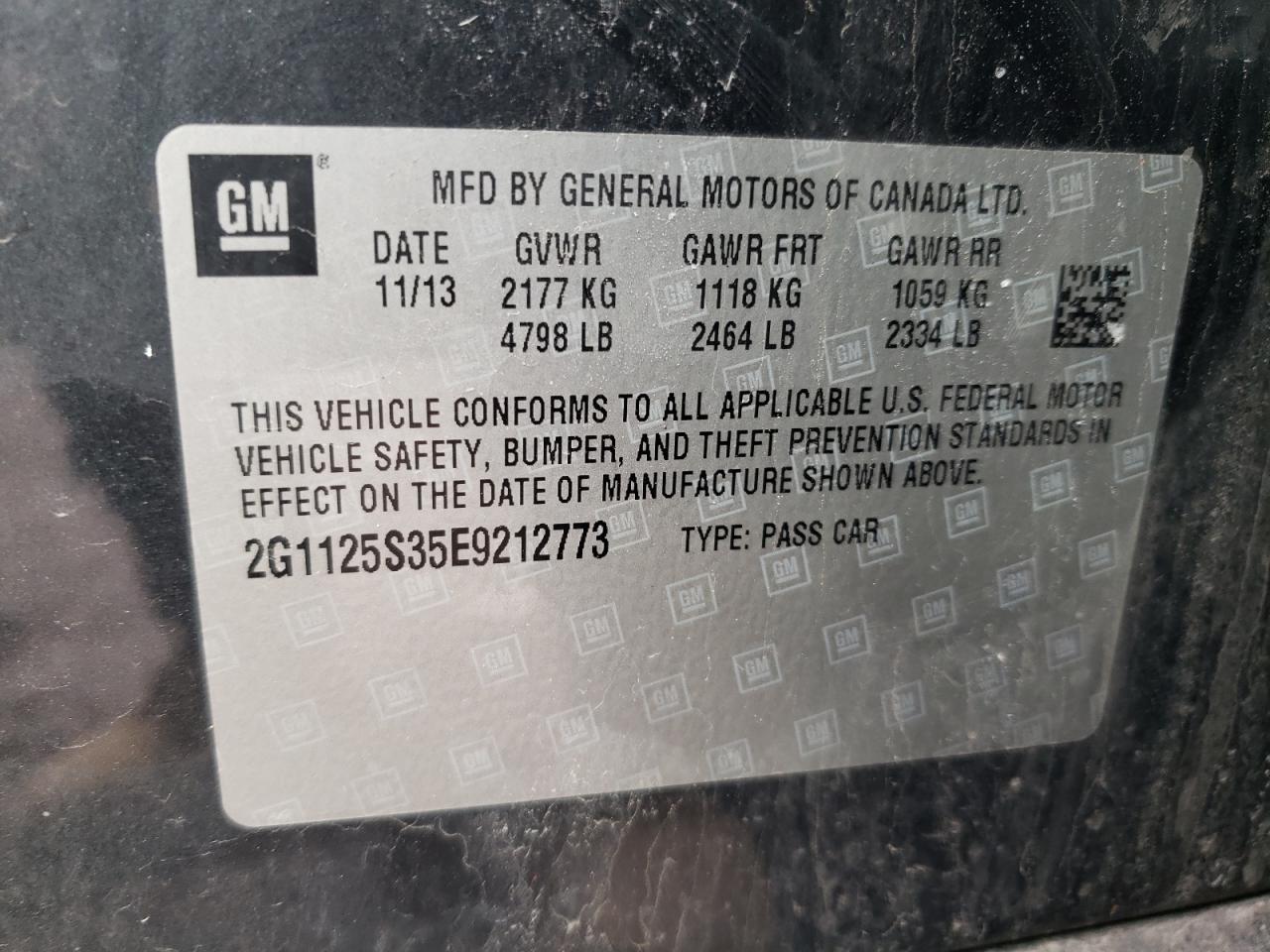 2014 Chevrolet Impala VIN 2G1125S35E9212773 Copart auction photo, front end / side damage thumbnail 12
