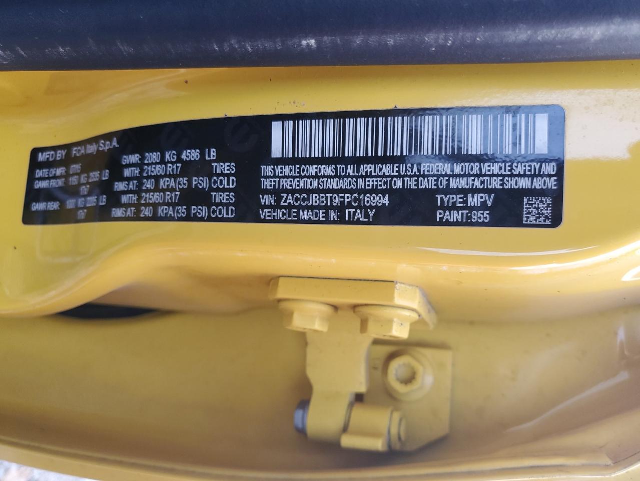 2015 Jeep Renegade VIN ZACCJBBT9FPC16994 Copart auction photo, all over damage thumbnail 12