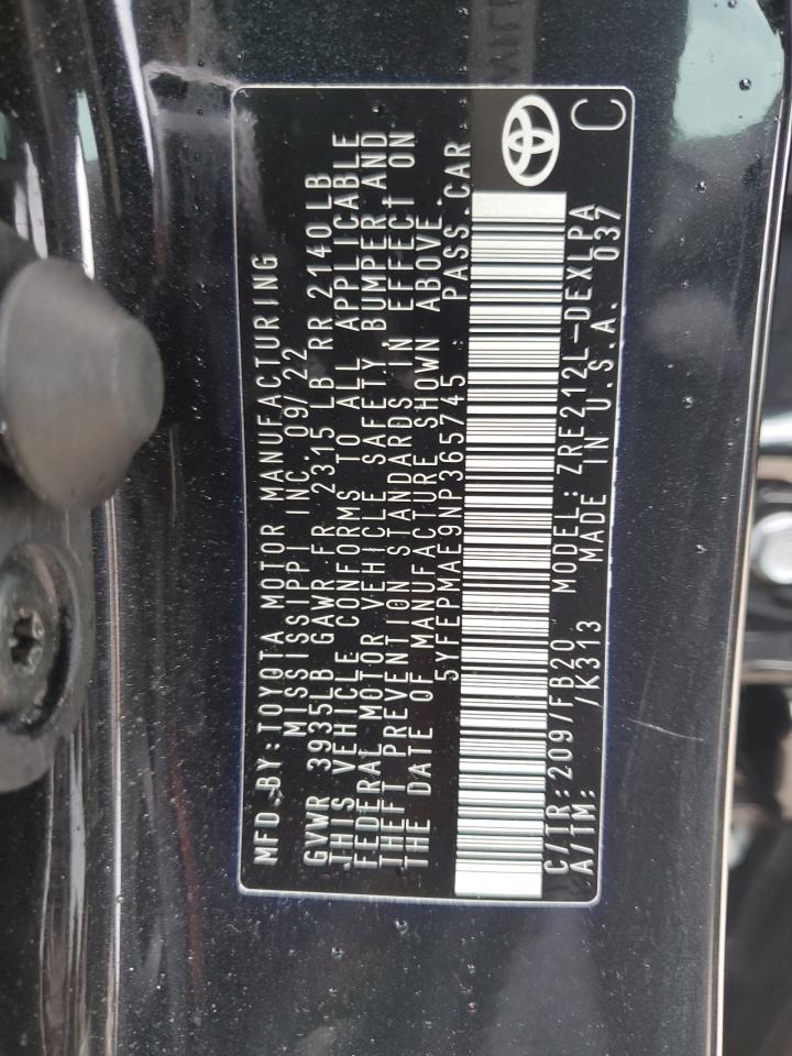2022 Toyota Corolla VIN 5YFEPMAE9NP365745 Copart auction photo, water/flood damage thumbnail 12