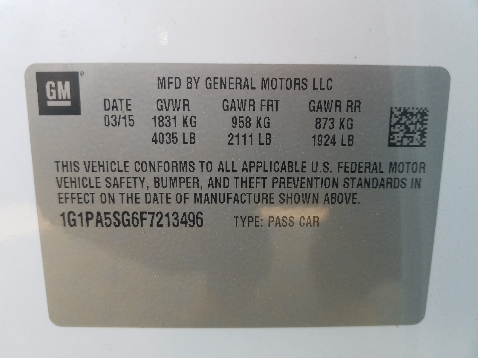 2015 Chevrolet Cruze VIN 1G1PA5SG6F7213496 Copart auction photo, front end damage thumbnail 10