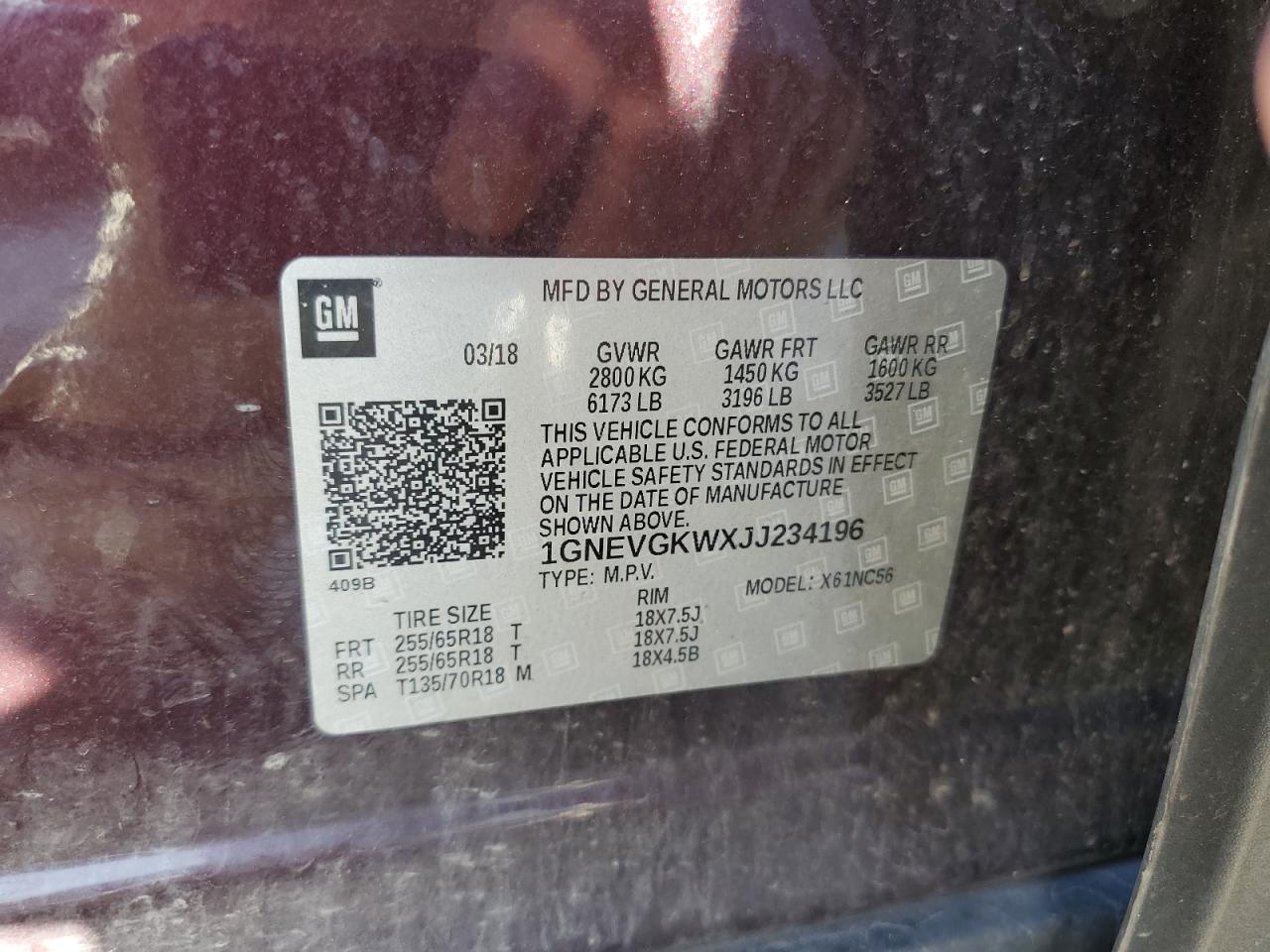2018 Chevrolet Traverse VIN 1GNEVGKWXJJ234196 Copart auction photo, front end / minor dent/scratches damage thumbnail 13