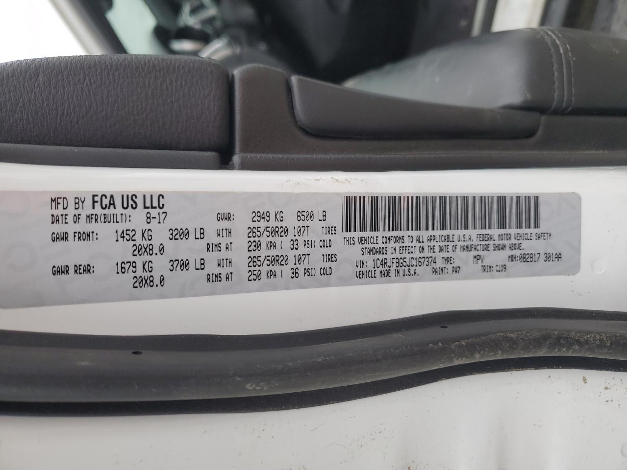 2018 Jeep Grand Cherokee VIN 1C4RJFBG5JC167374 Copart auction photo, front end / side damage thumbnail 16