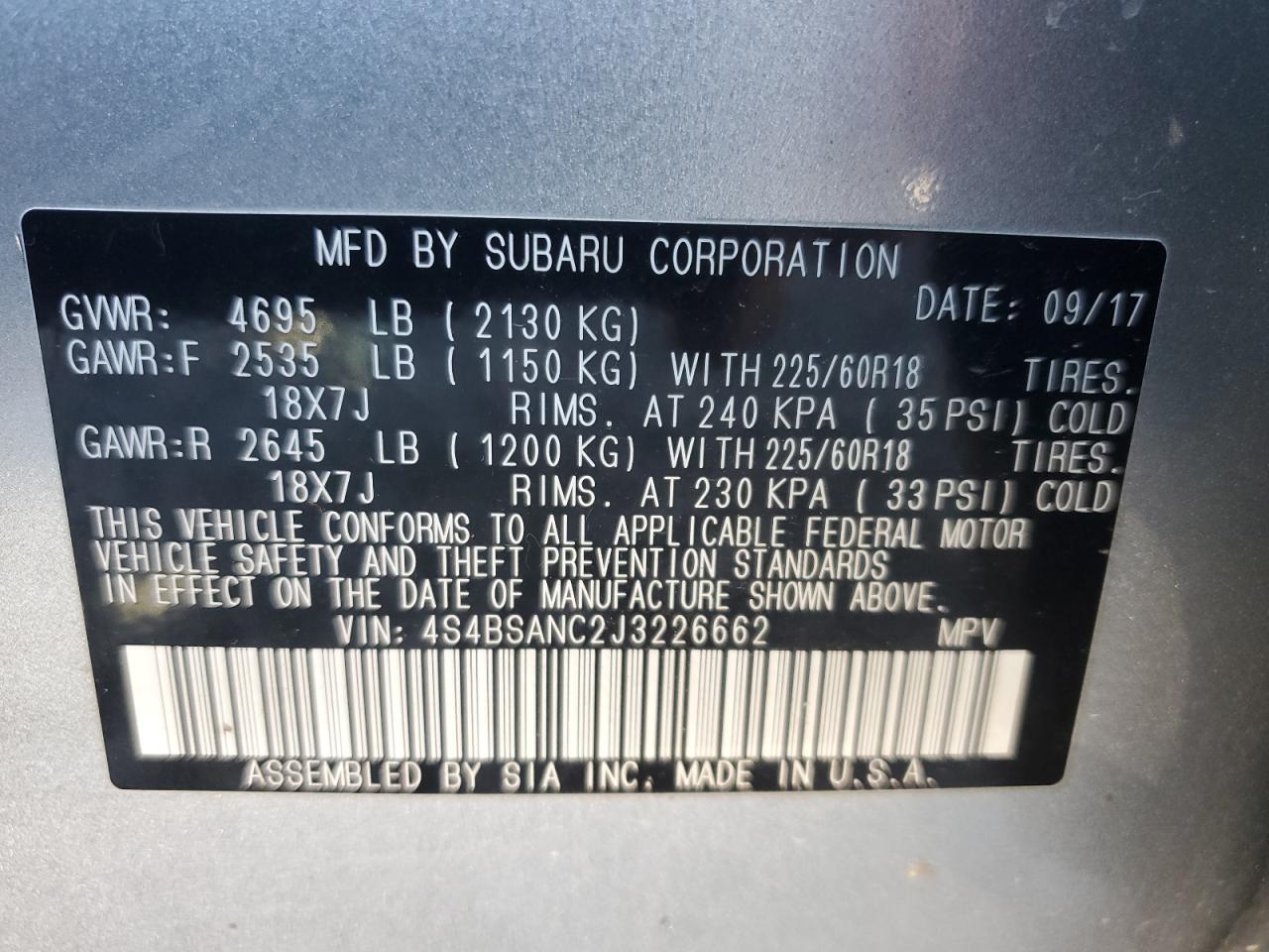 2018 Subaru Outback VIN 4S4BSANC2J3226662 Copart auction photo, front end / side damage thumbnail 13