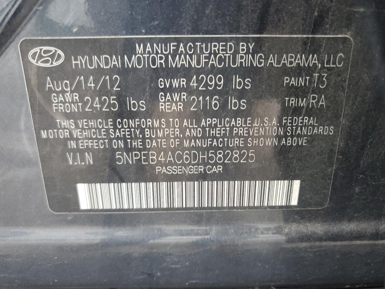 2013 Hyundai Sonata VIN 5NPEB4AC6DH582825 Copart auction photo, all over / vandalism damage thumbnail 14