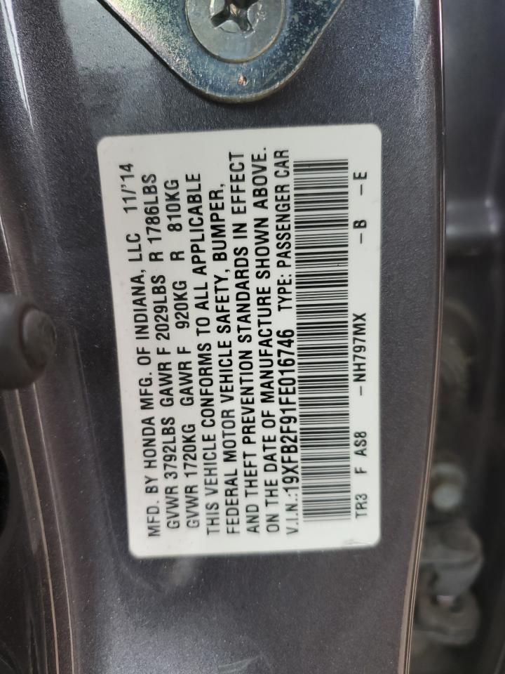 2015 Honda Civic VIN 19XFB2F91FE016746 Copart auction photo, rear end damage thumbnail 12