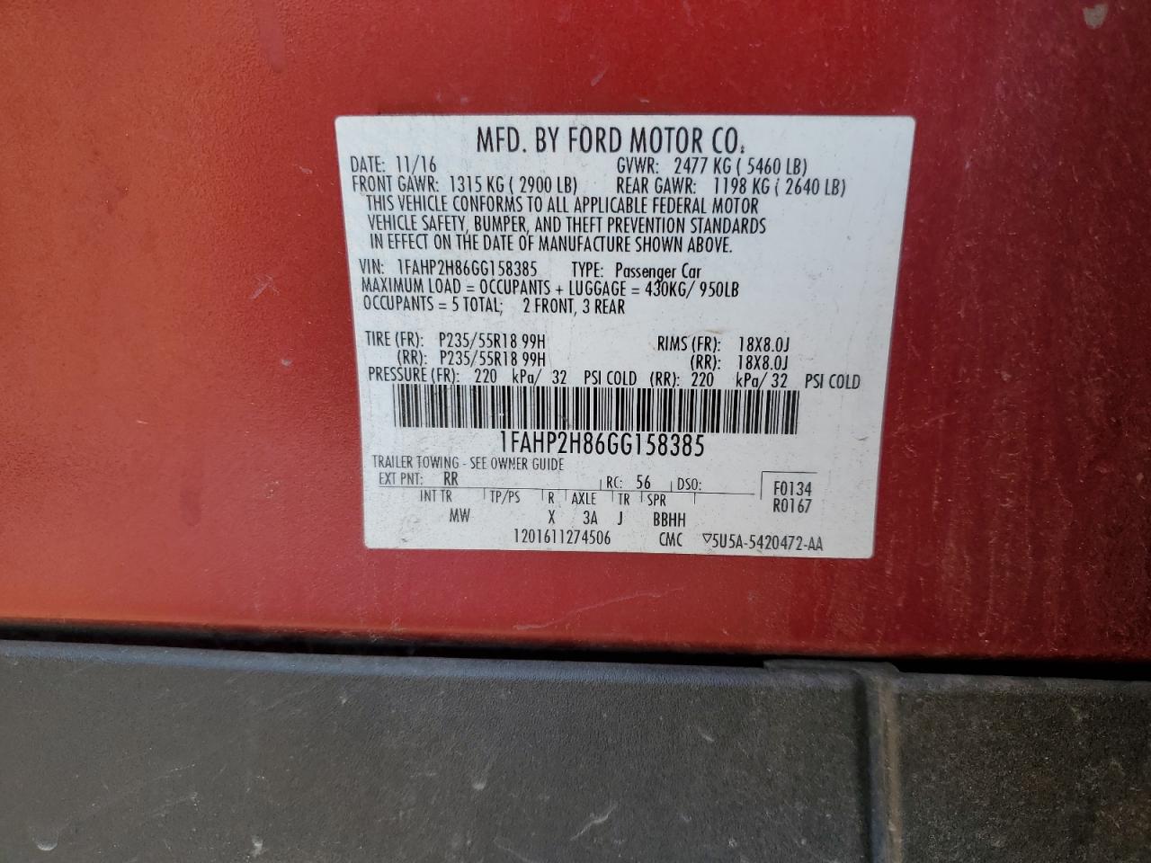 2016 Ford Taurus VIN 1FAHP2H86GG158385 Copart auction photo, side / front end damage thumbnail 14