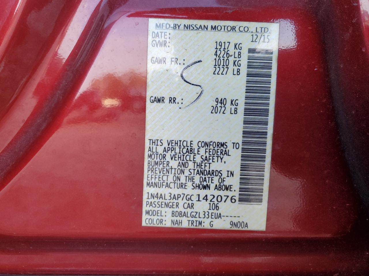 2016 Nissan Altima VIN 1N4AL3AP7GC142076 Copart auction photo, undercarriage damage thumbnail 14