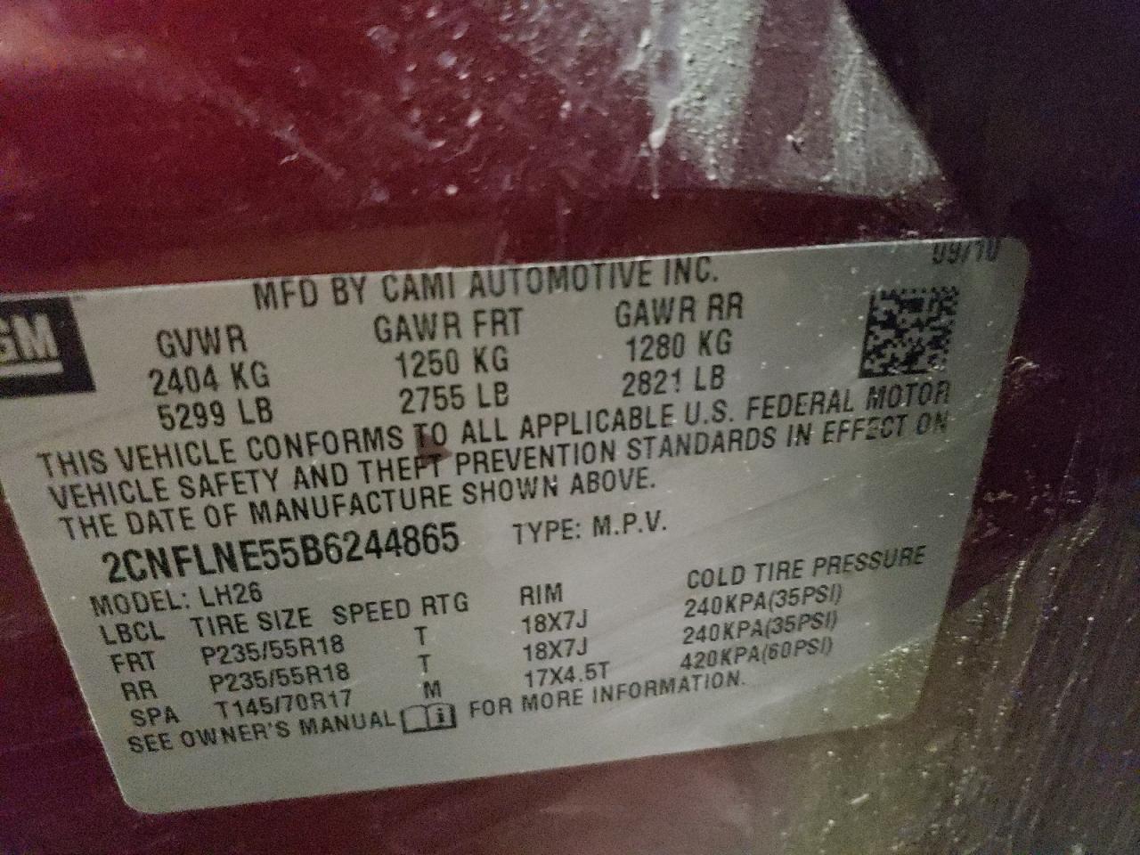 2011 Chevrolet Equinox VIN 2CNFLNE55B6244865 Copart auction photo, all over damage thumbnail 15
