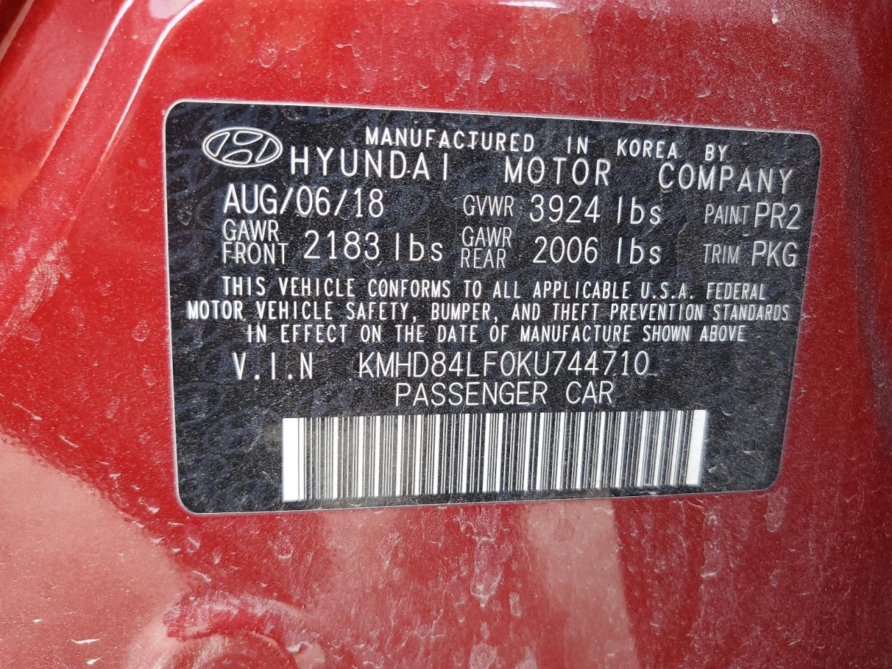 2019 Hyundai Elantra VIN KMHD84LF0KU744710 Copart auction photo, front end / minor dent/scratches damage thumbnail 13