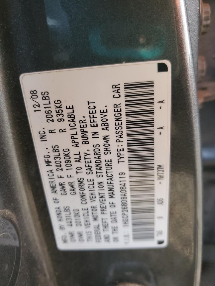 2009 Honda Accord VIN 1HGCP26809A084119 Copart auction photo, rear end / side damage thumbnail 14