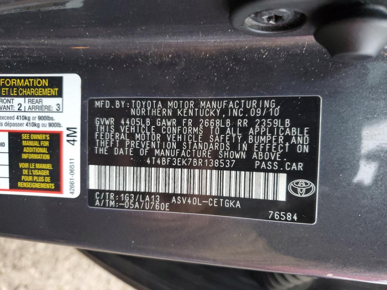 2011 Toyota Camry VIN 4T4BF3EK7BR138537 Copart auction photo, front end / rear end damage thumbnail 12