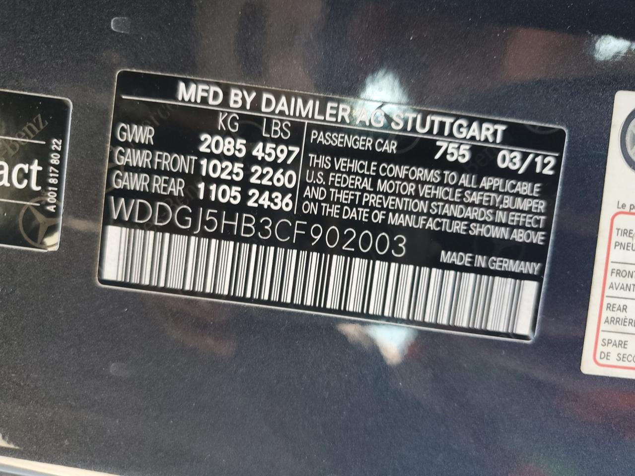 2012 Mercedes-Benz C-klasse VIN WDDGJ5HB3CF902003 Copart auction photo, front end damage thumbnail 12