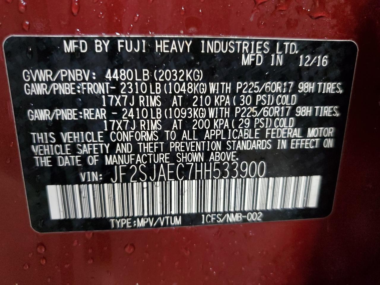 2017 Subaru Forester VIN JF2SJAEC7HH533900 Copart auction photo, front end / mechanical damage thumbnail 14