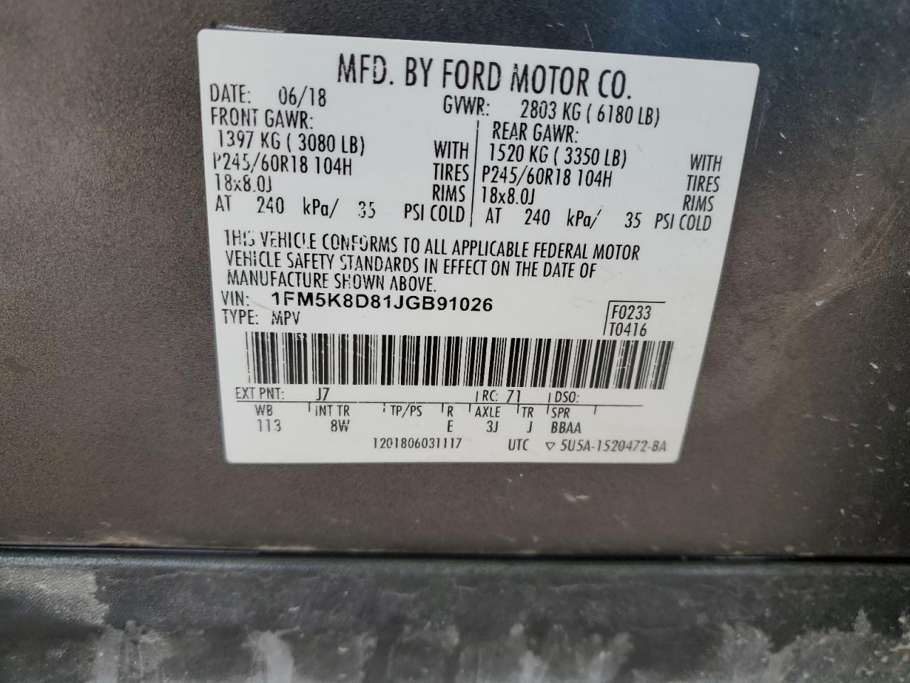2018 Ford Explorer VIN 1FM5K8D81JGB91026 Copart auction photo, front end damage thumbnail 13