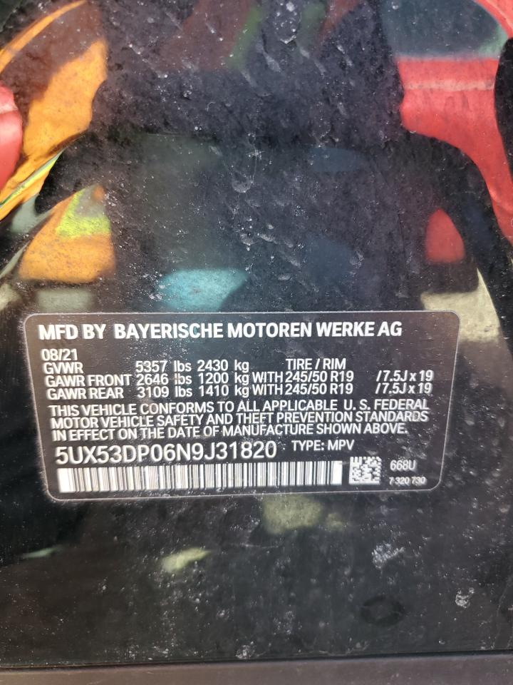 2022 BMW X3 VIN 5UX53DP06N9J31820 Copart auction photo, front end damage thumbnail 12
