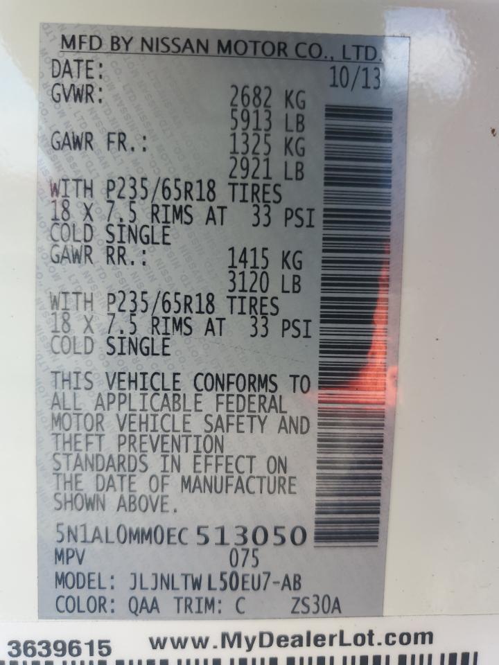 2014 Infiniti QX60 VIN 5N1AL0MM0EC513050 Copart auction photo, front end / undercarriage damage thumbnail 14