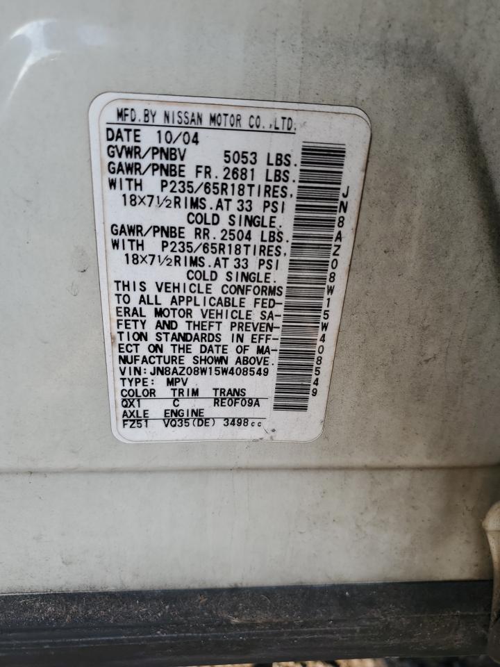 2005 Nissan Murano VIN JN8AZ08W15W408549 Copart auction photo, front end / rear end damage thumbnail 13