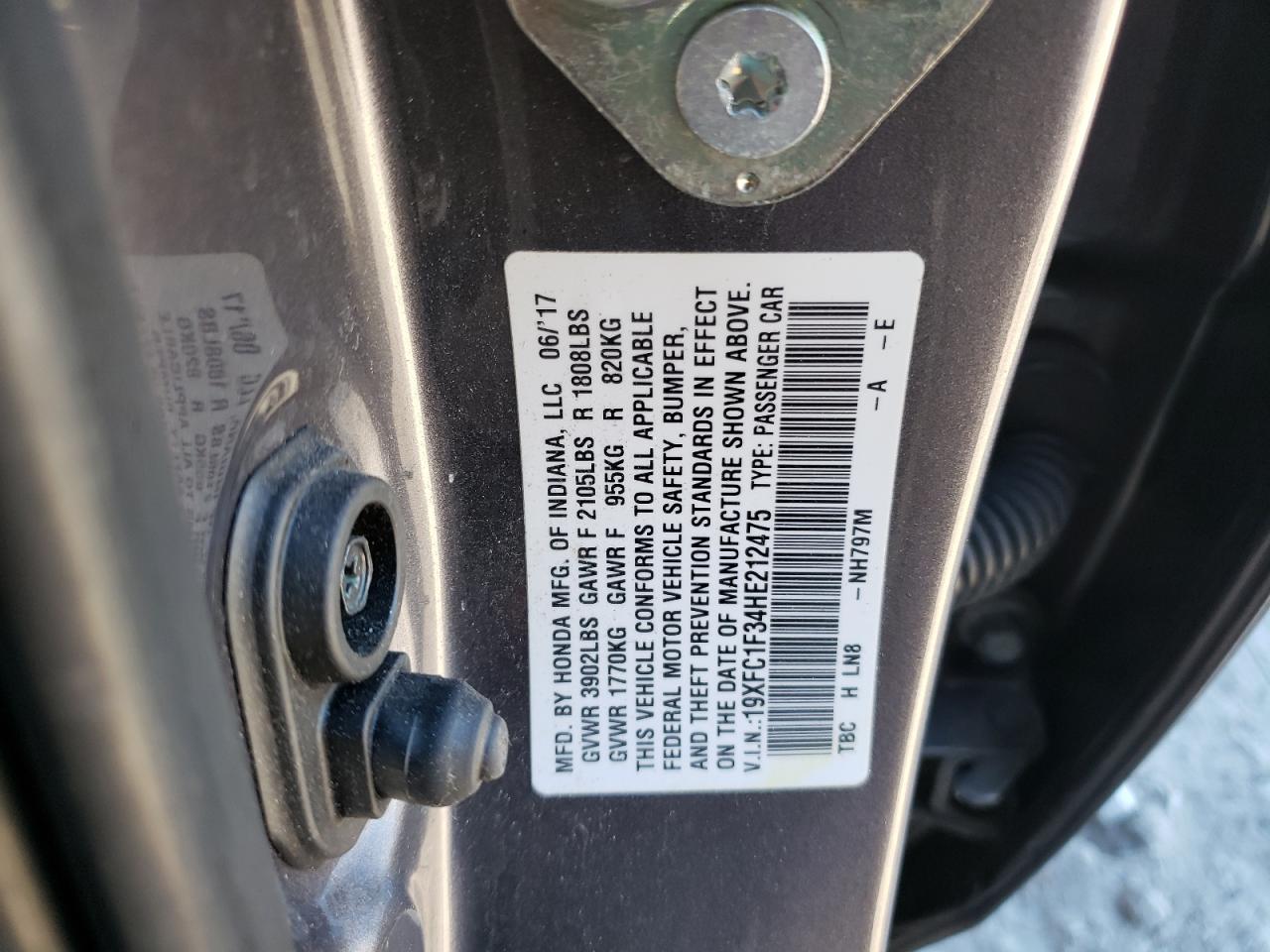 2017 Honda Civic VIN 19XFC1F34HE212475 Copart auction photo, front end / minor dent/scratches damage thumbnail 13