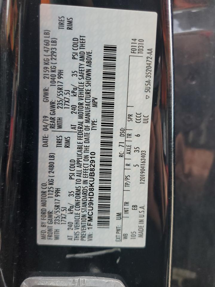 2019 Ford Escape VIN 1FMCU9HD8KUB82910 Copart auction photo, all over damage thumbnail 13