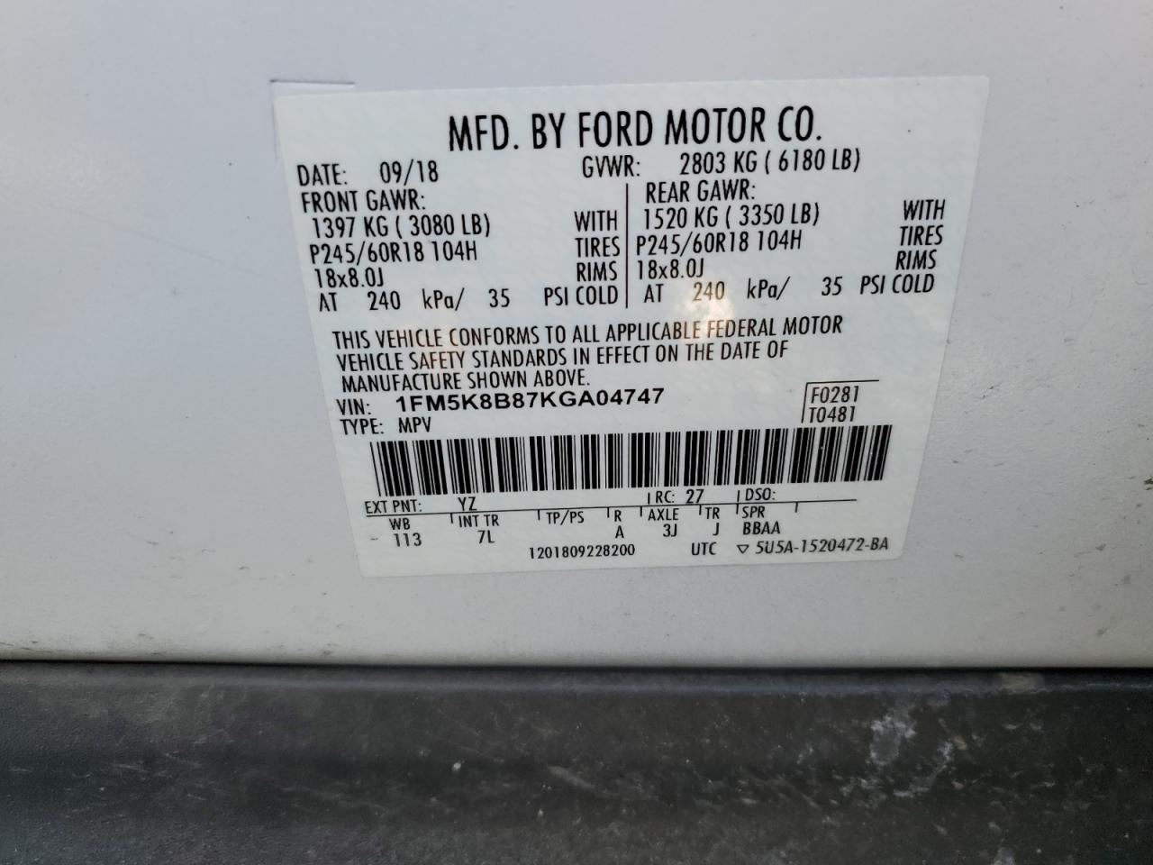 2019 Ford Explorer VIN 1FM5K8B87KGA04747 Copart auction photo, front end / undercarriage damage thumbnail 15