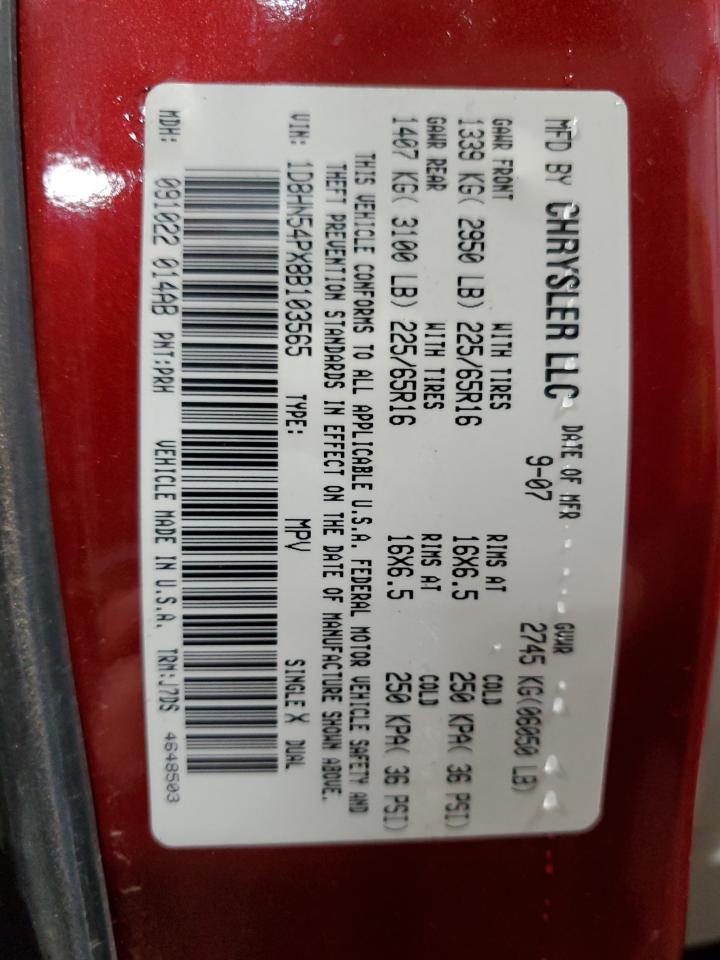2008 Dodge Caravan VIN 1D8HN54PX8B103565 Copart auction photo, rear end damage thumbnail 13