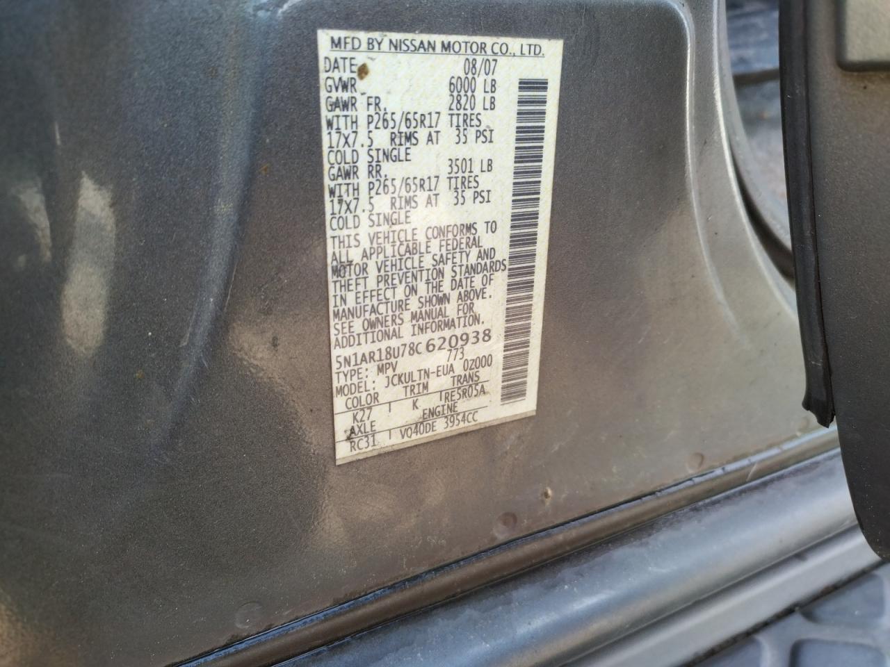 2008 Nissan Pathfinder VIN 5N1AR18U78C620938 Copart auction photo, front end damage thumbnail 14