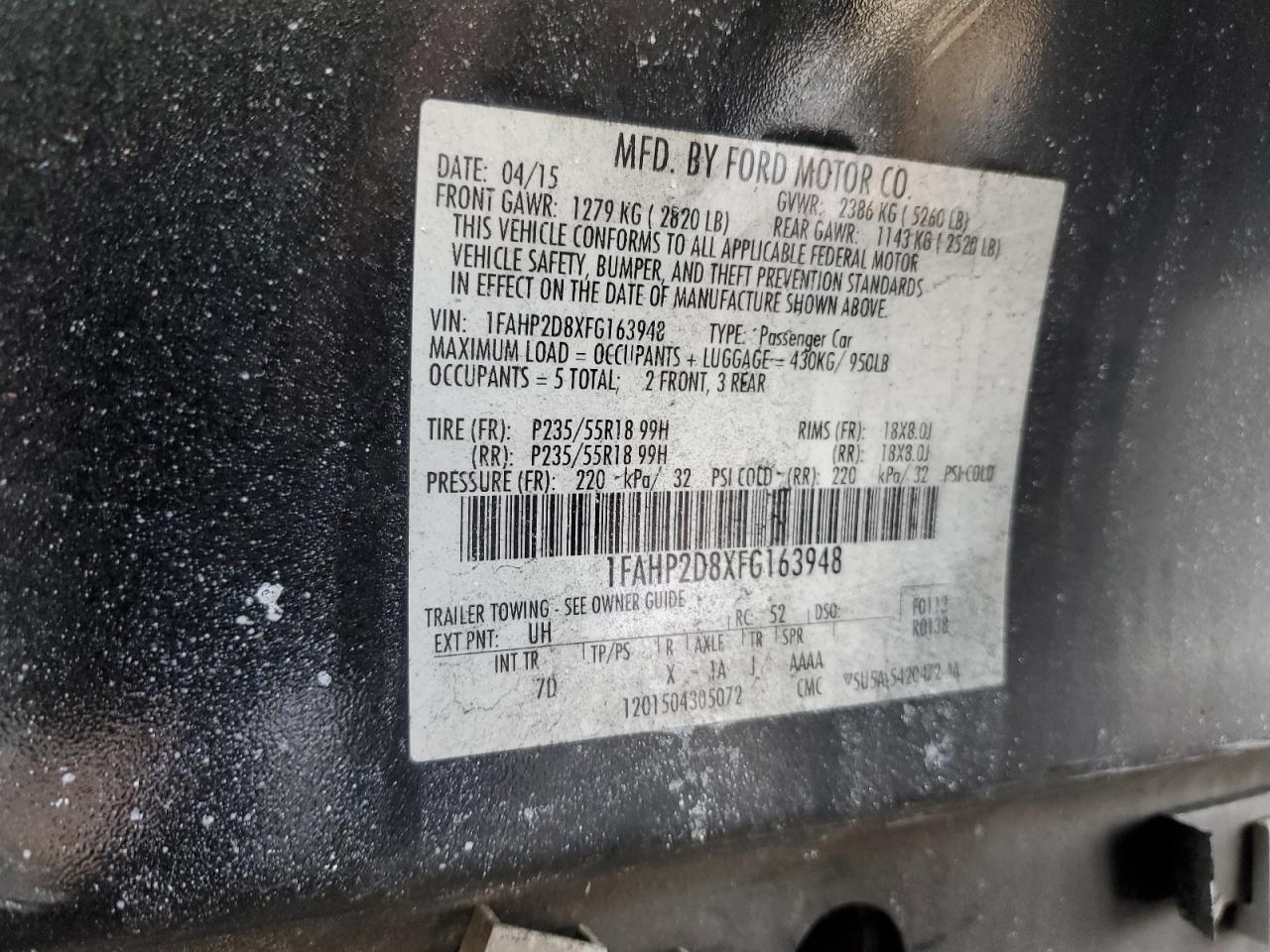 2015 Ford Taurus VIN 1FAHP2D8XFG163948 Copart auction photo, front end damage thumbnail 15