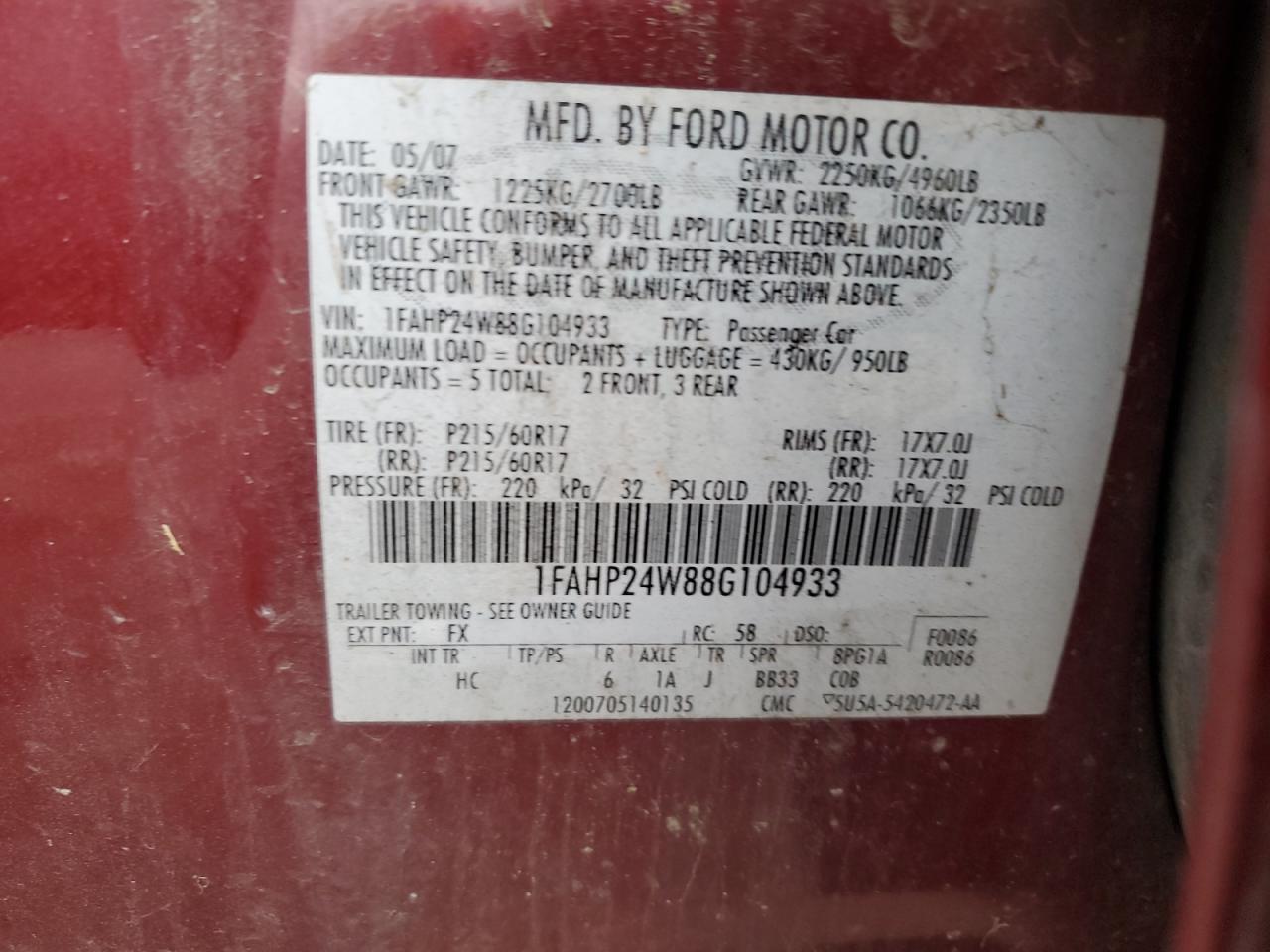 2008 Ford Taurus VIN 1FAHP24W88G104933 Copart auction photo, rear end / front end damage thumbnail 12