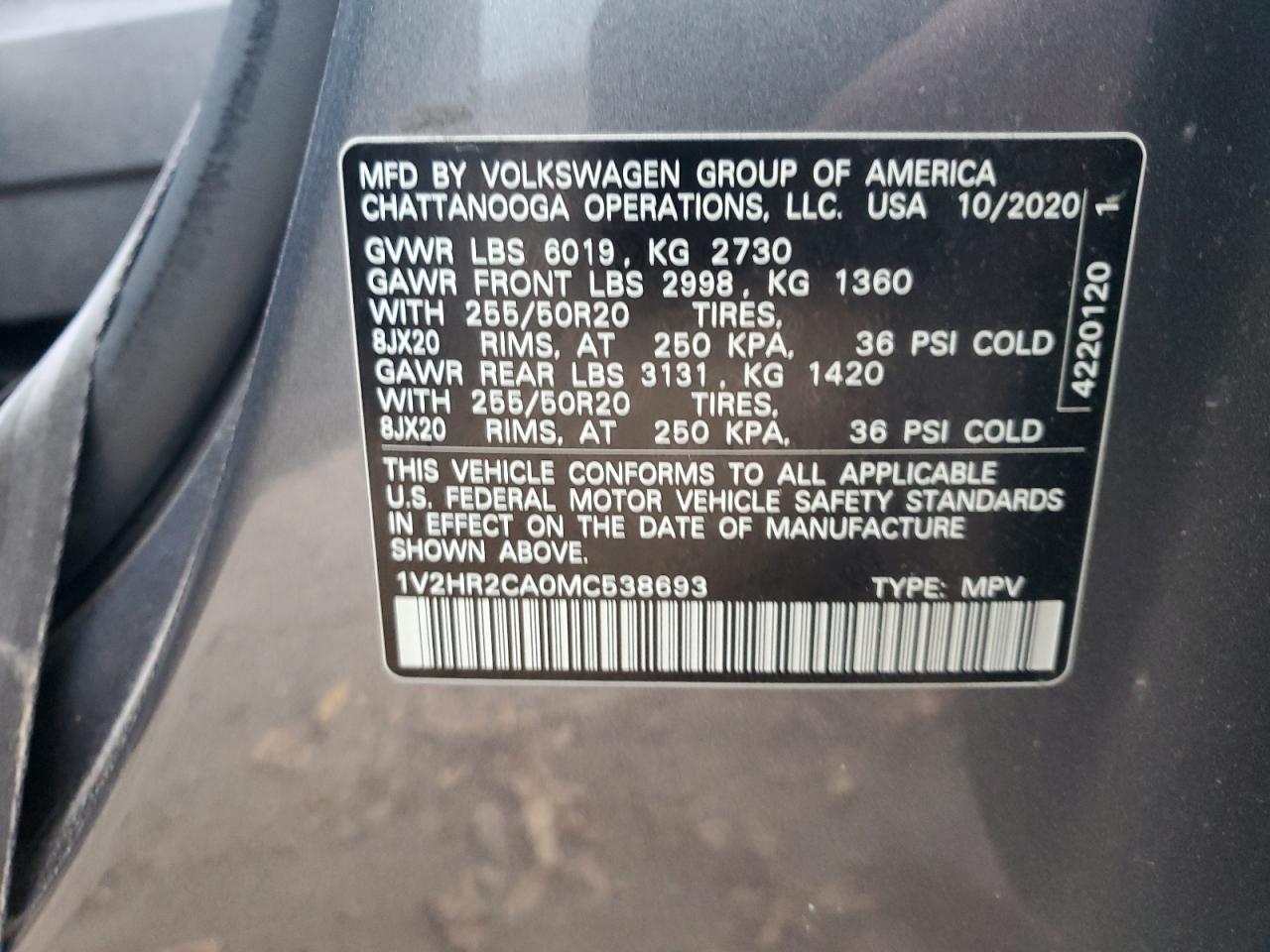 2021 Volkswagen Atlas VIN 1V2HR2CA0MC538693 Copart auction photo, front end / mechanical damage thumbnail 16