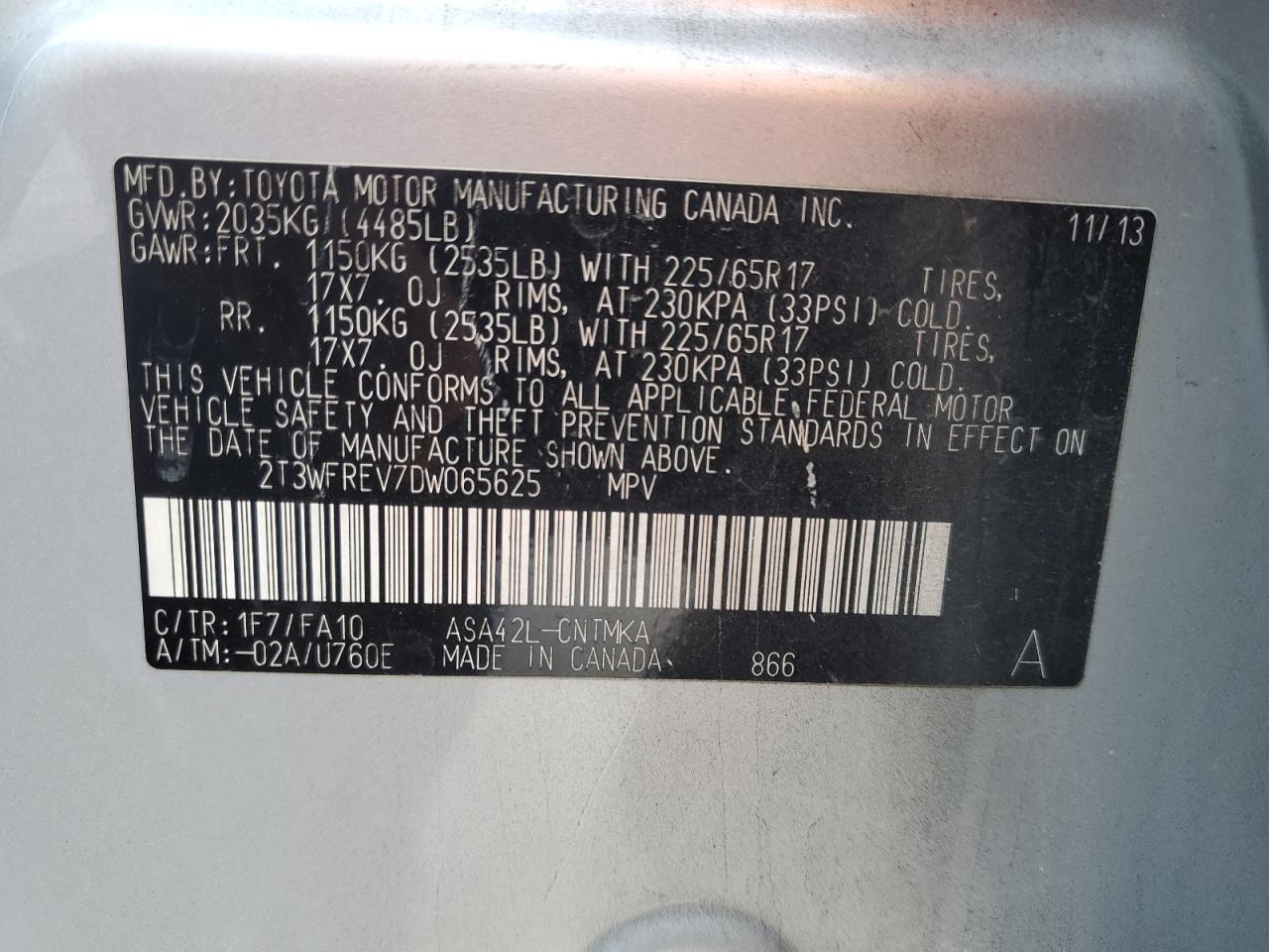 2013 Toyota RAV 4 VIN 2T3WFREV7DW065625 Copart auction photo, rear end damage thumbnail 14