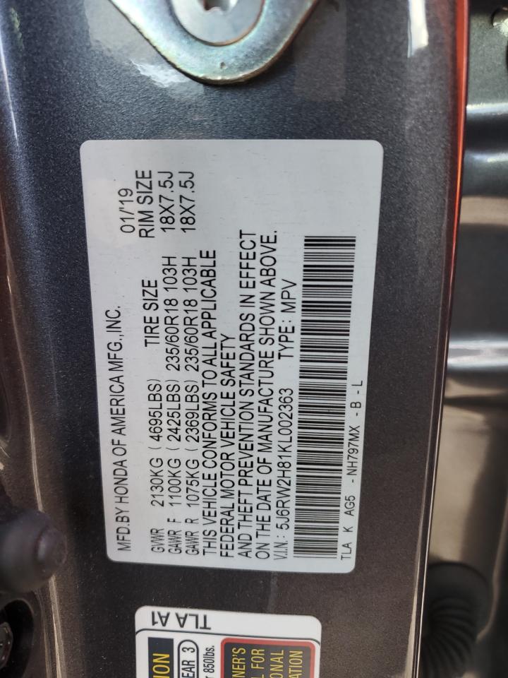 2019 Honda CR-V VIN 5J6RW2H81KL002363 Copart auction photo, front end / side damage thumbnail 12