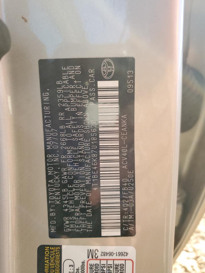 2007 Toyota Camry VIN 4T1BE46K87U185620 Copart auction photo, rear end damage thumbnail 14