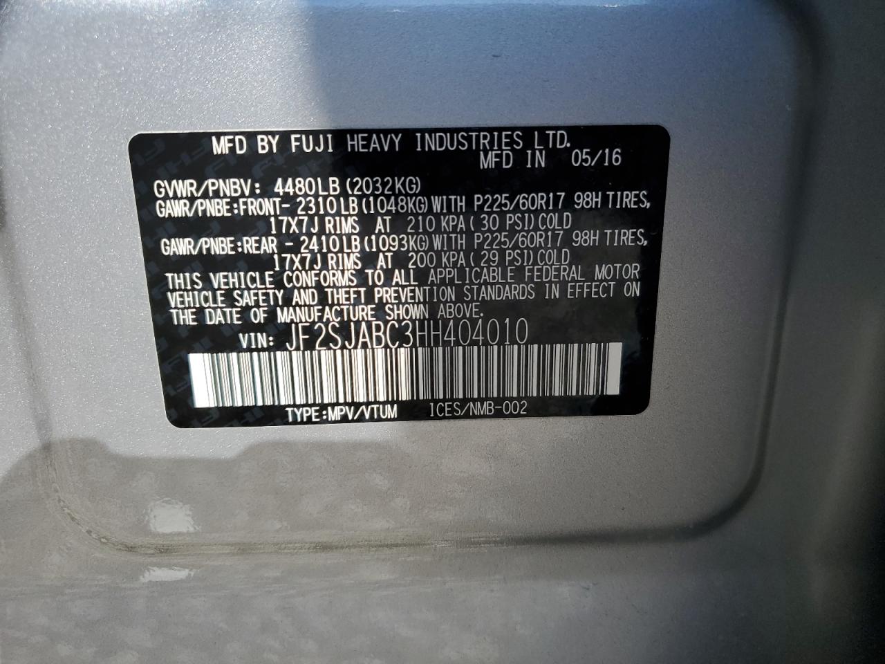 2017 Subaru Forester VIN JF2SJABC3HH404010 Copart auction photo, front end damage thumbnail 14