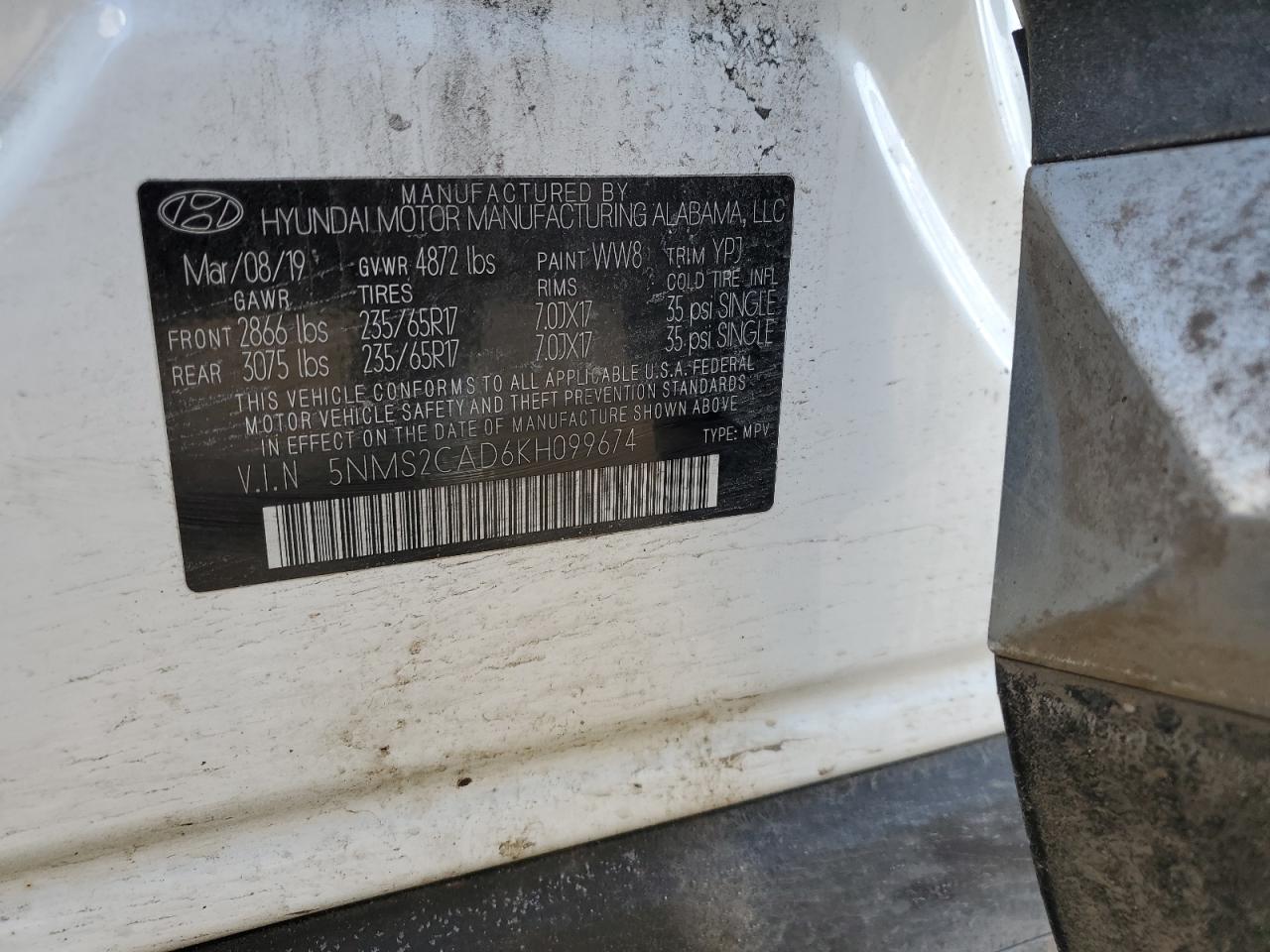 2019 Hyundai Santa Fe VIN 5NMS2CAD6KH099674 Copart auction photo, front end damage thumbnail 14