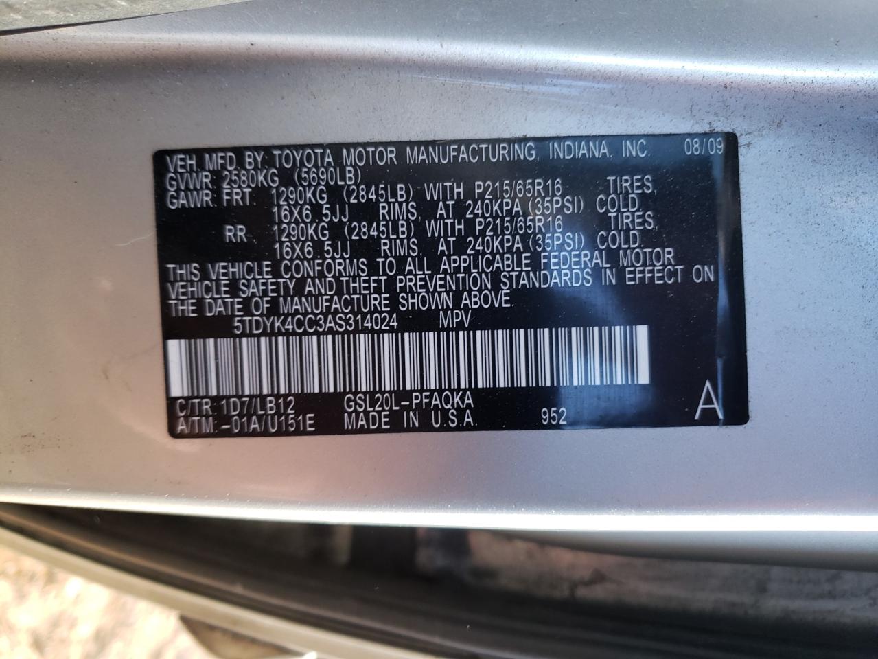 2010 Toyota Sienna VIN 5TDYK4CC3AS314024 Copart auction photo, all over damage thumbnail 16