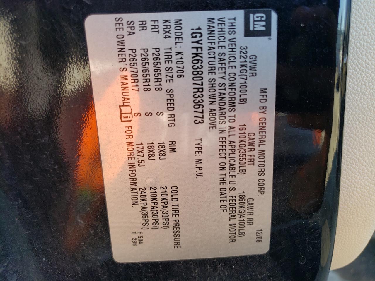 2007 Cadillac Escalade VIN 1GYFK63807R336773 Copart auction photo, vandalism / minor dent/scratches damage thumbnail 13