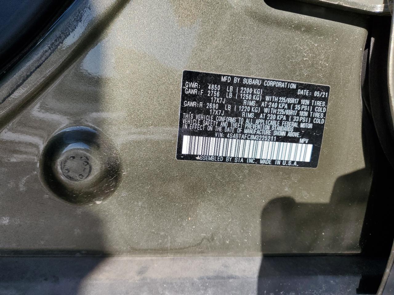 2021 Subaru Outback VIN 4S4BTAFC8M3225211 Copart auction photo, front end damage thumbnail 13