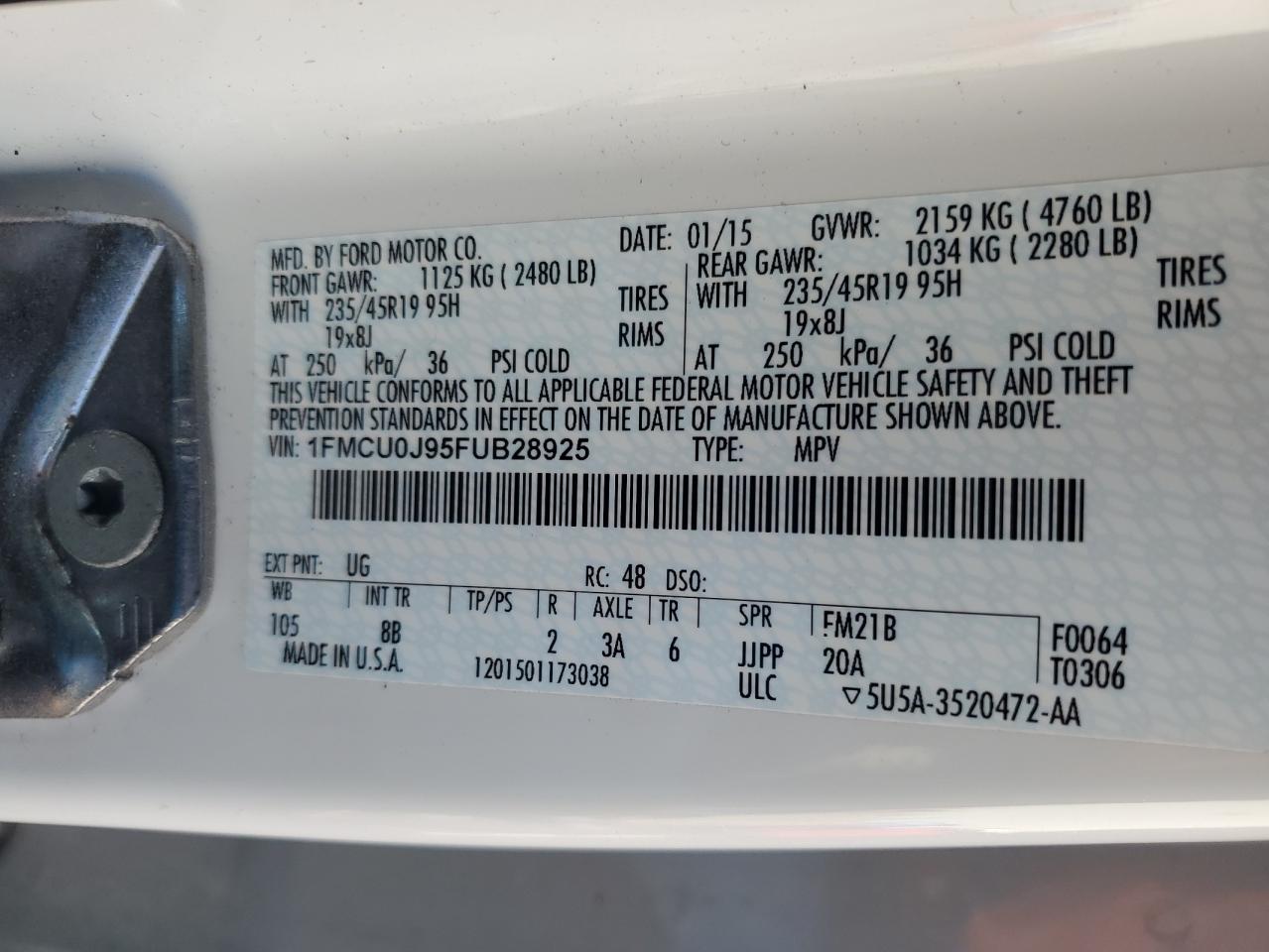 2015 Ford Escape VIN 1FMCU0J95FUB28925 Copart auction photo, side damage thumbnail 13