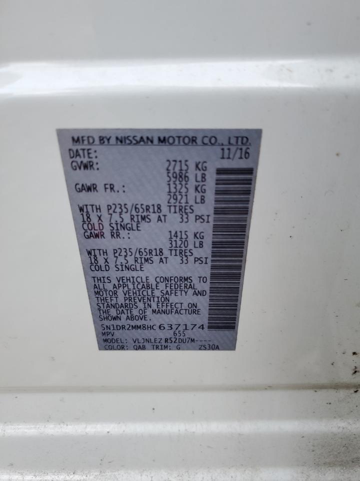2017 Nissan Pathfinder VIN 5N1DR2MM8HC637174 Copart auction photo, rear end damage thumbnail 13