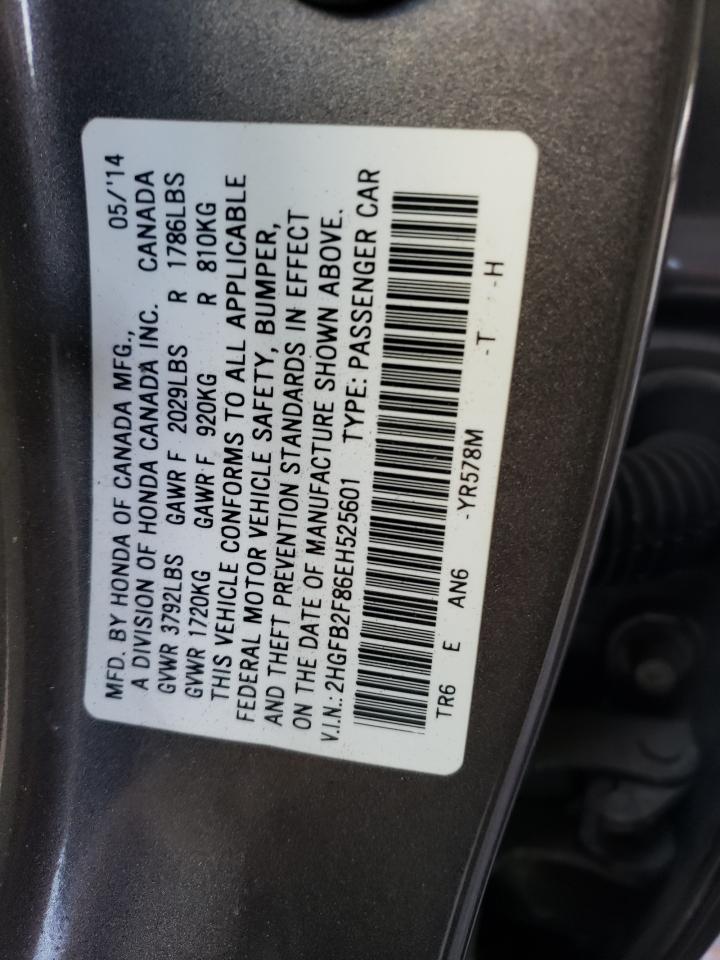 2014 Honda Civic VIN 2HGFB2F86EH525601 Copart auction photo, front end damage thumbnail 15